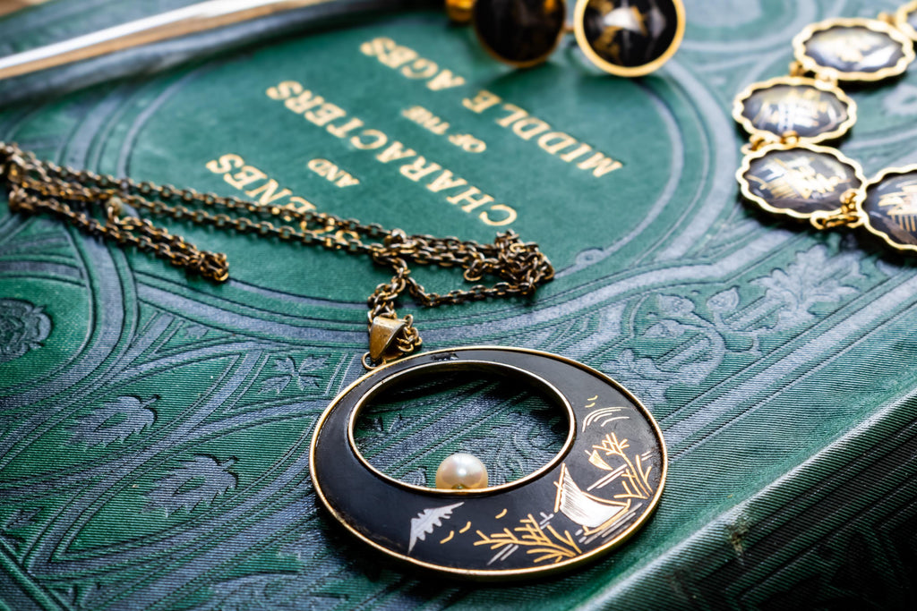 Vintage Amita Japanese Damascene Jewelry Set | 24K Gold Inlay | Dark Academia