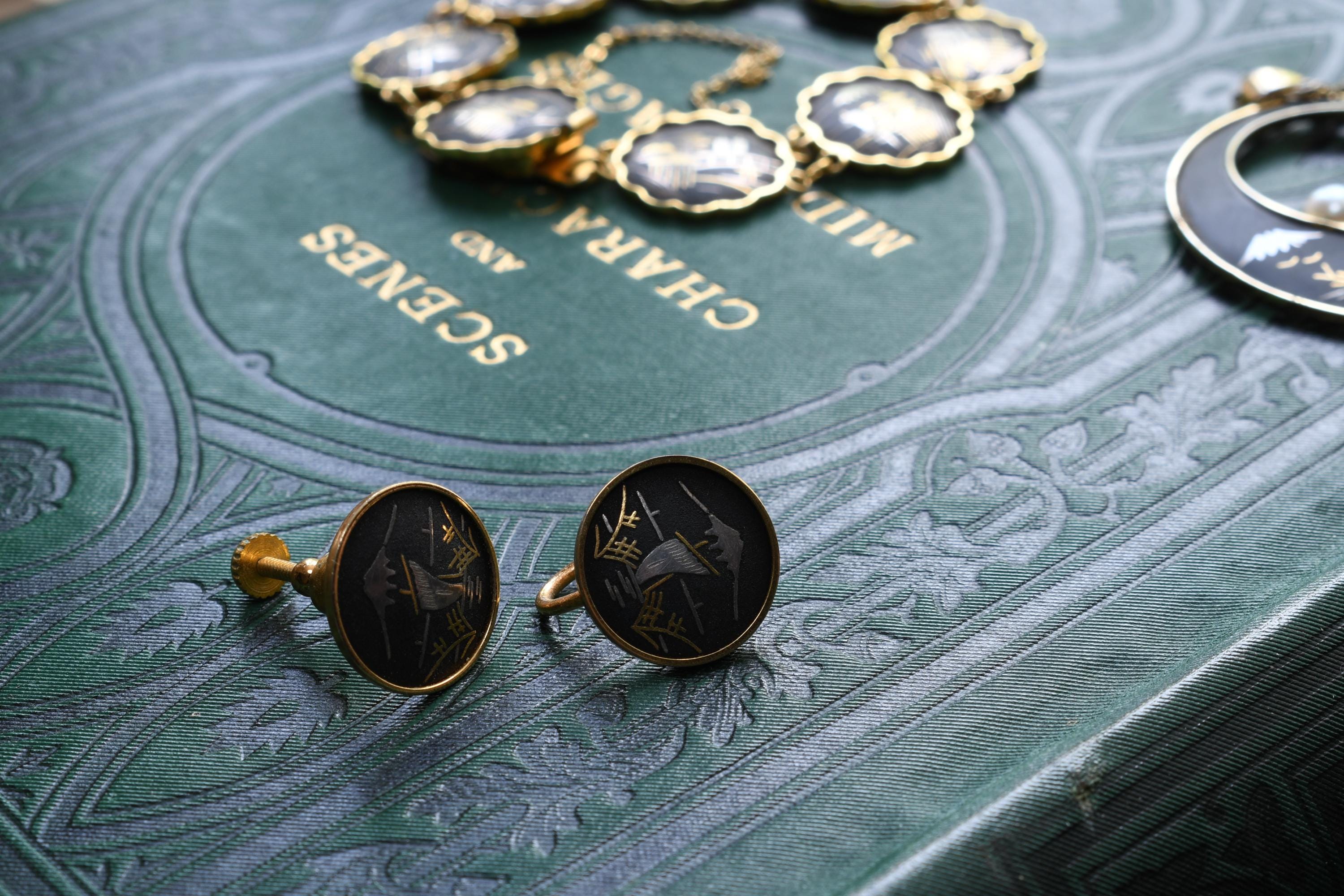 Vintage Amita Japanese Damascene Jewelry Set | 24K Gold Inlay | Dark Academia