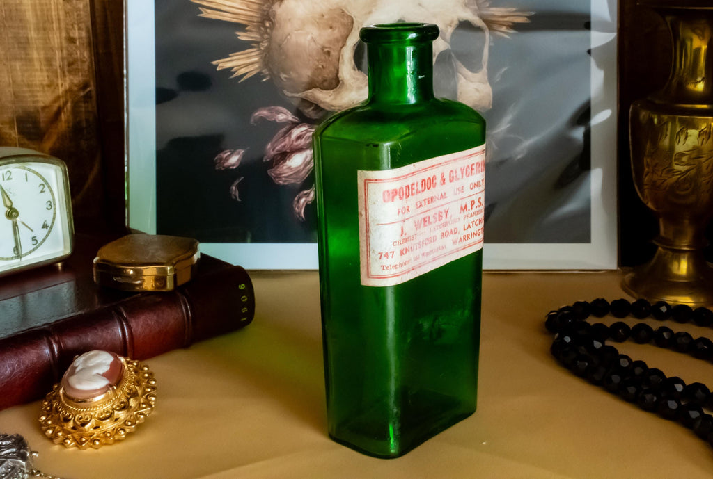 Set of 2 Antique Green Apothecary Poison Bottles | Witchy Decor