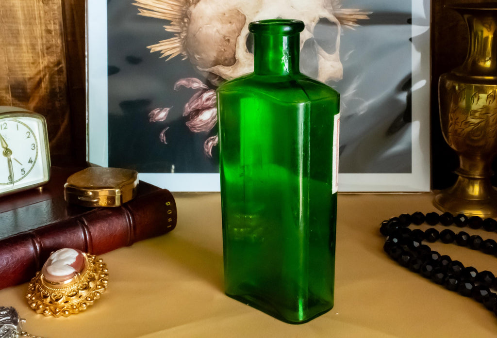 Set of 2 Antique Green Apothecary Poison Bottles | Witchy Decor