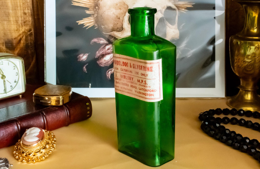 Set of 2 Antique Green Apothecary Poison Bottles | Witchy Decor