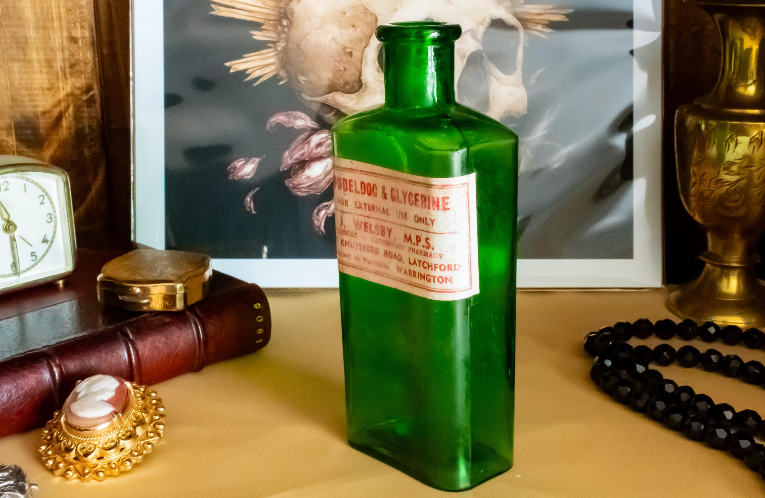 Set of 2 Antique Green Apothecary Poison Bottles | Witchy Decor