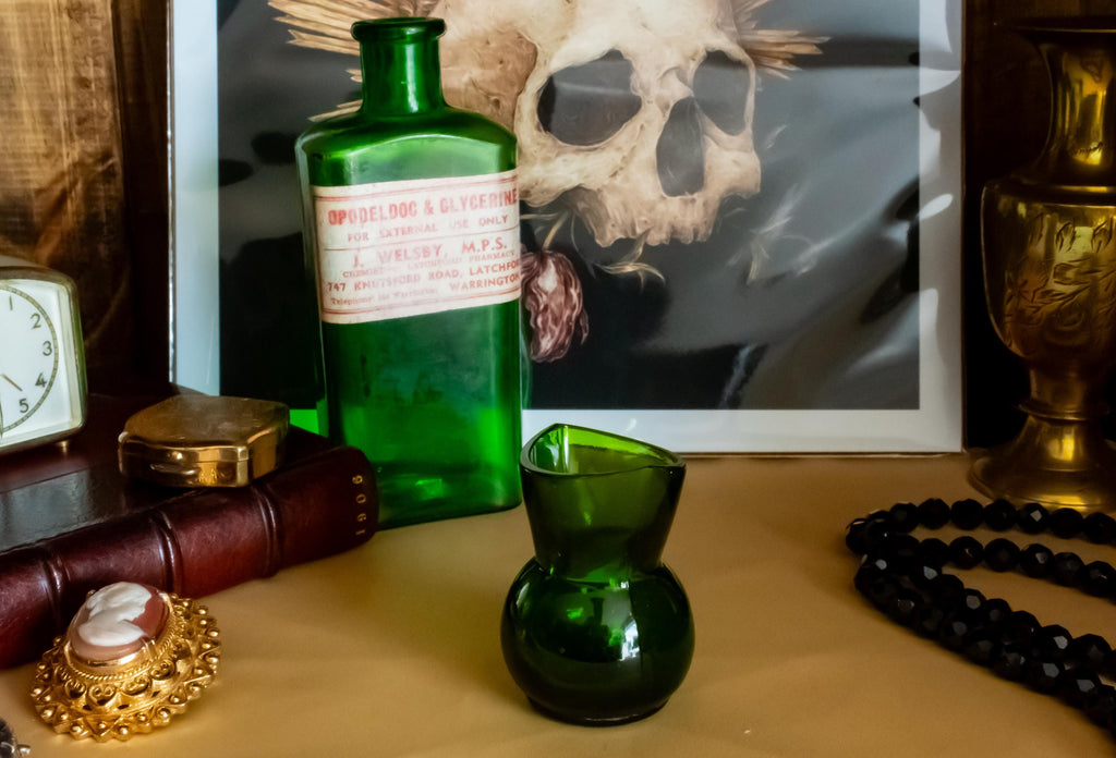 Set of 2 Antique Green Apothecary Poison Bottles | Witchy Decor