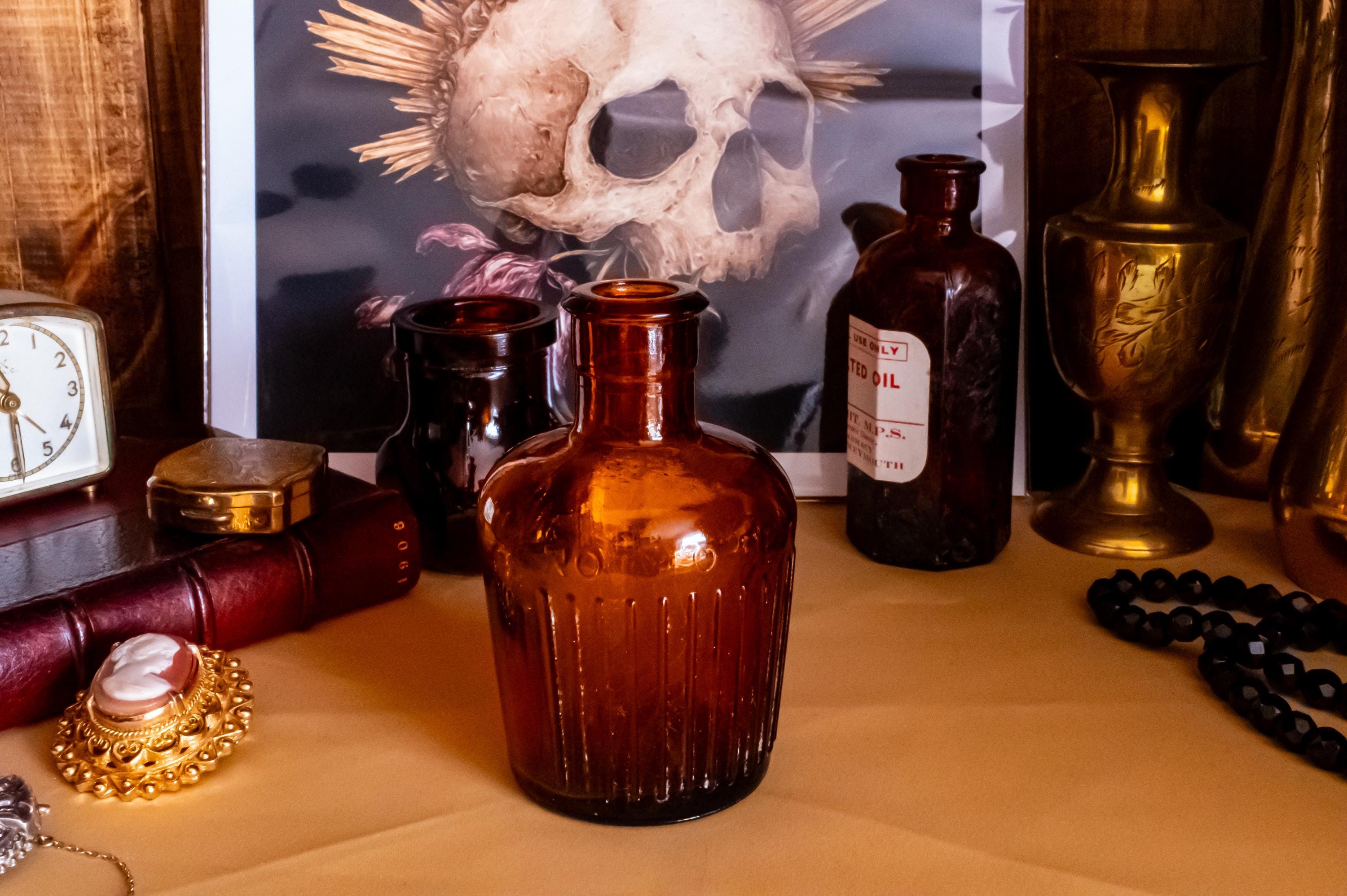 Set of 3 Antique Amber Glass Apothecary Bottles | Witchy Altar Decor