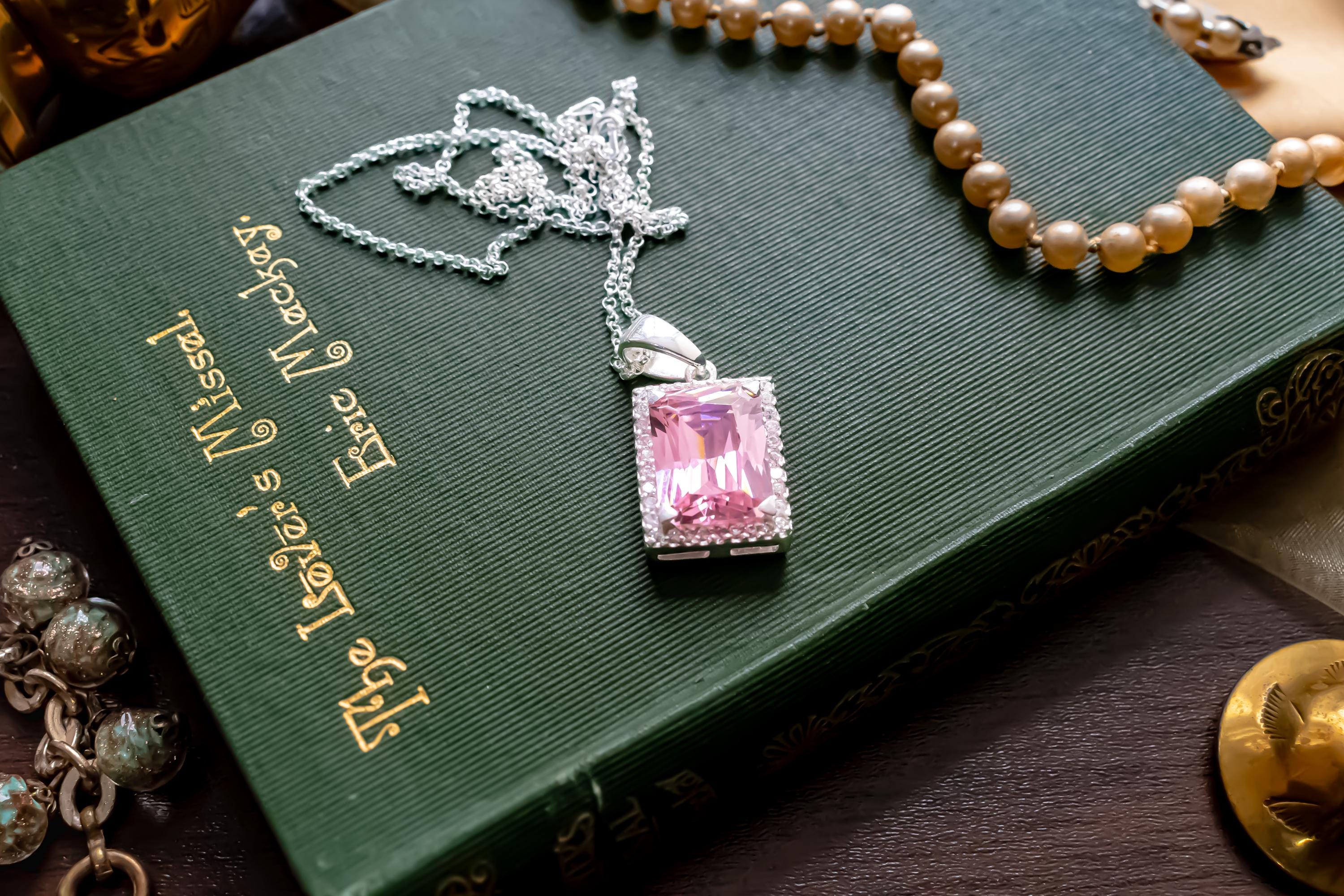 Vintage 925 Sterling Silver Pink Topaz Emerald Cut Necklace | Romantic Goth Talisman