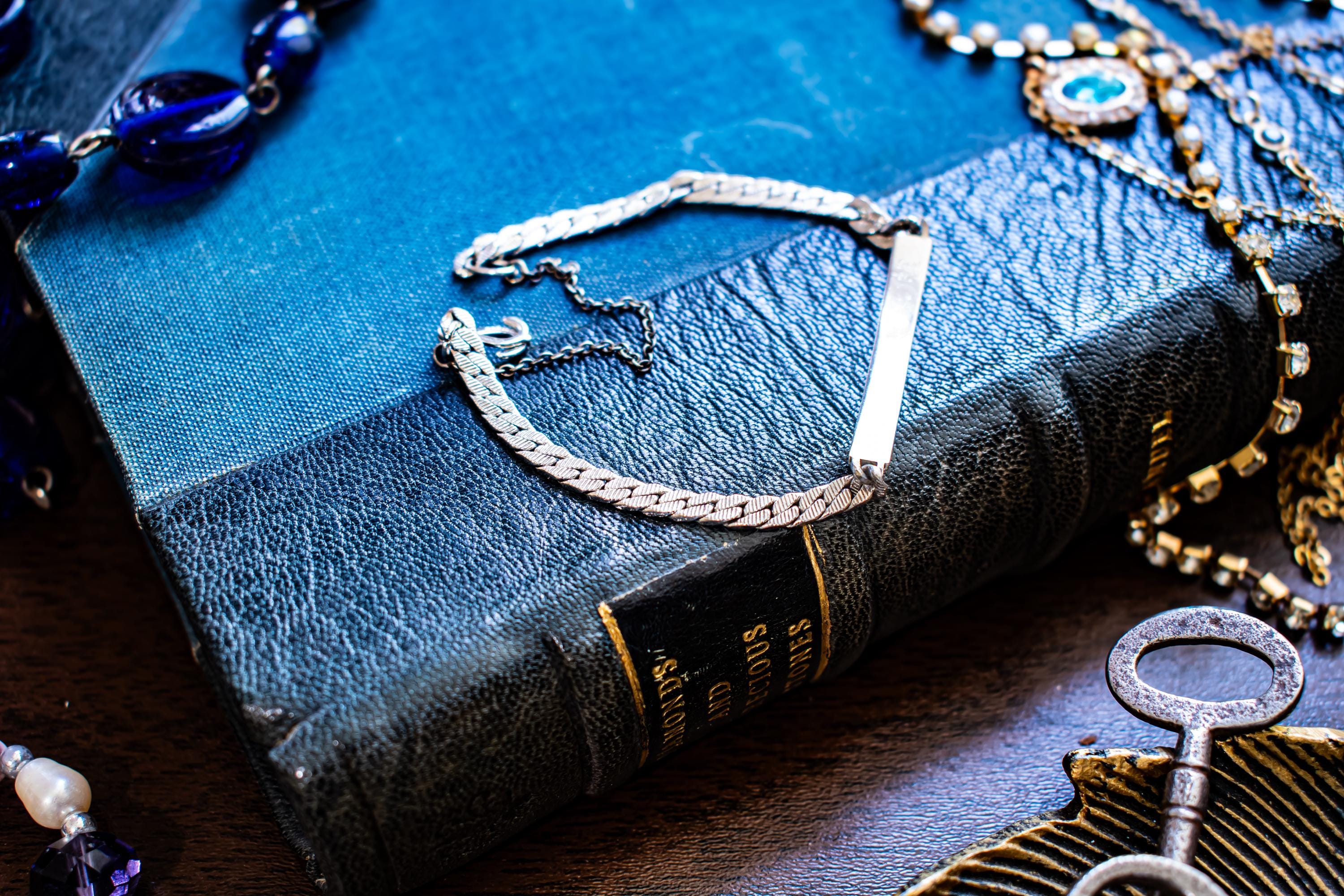 Vintage silver-tone Speidel USA ID bracelet featuring a blank rectangular plate, interlocking sister hook clasp, and safety chain, resting on an antique book.