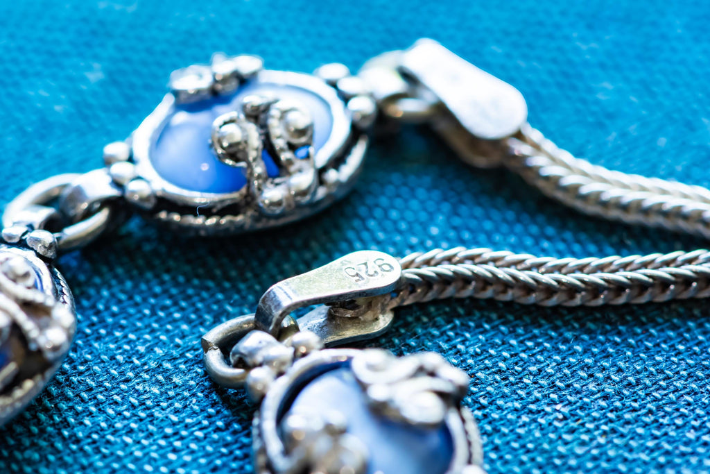 925 Sterling Silver Blue Cat's Eye Cabochon Y-Drop Lariat Necklace, Vintage