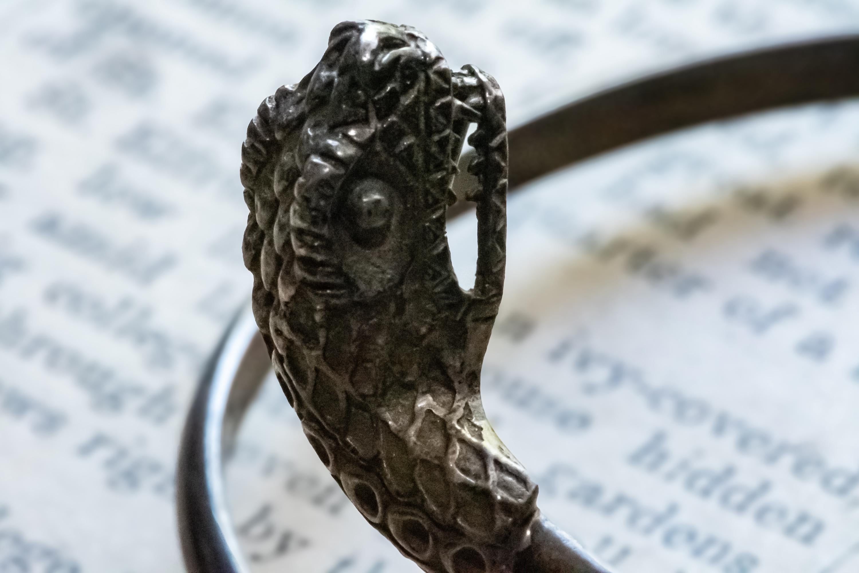 Bypass Sterling Silver Serpent Bangle, Vintage Snake Head Cuff