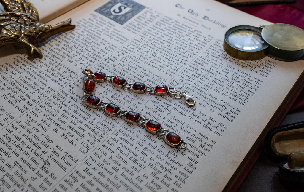 925 Sterling Silver Cognac Baltic Amber Cabochon Link Bracelet, Vintage