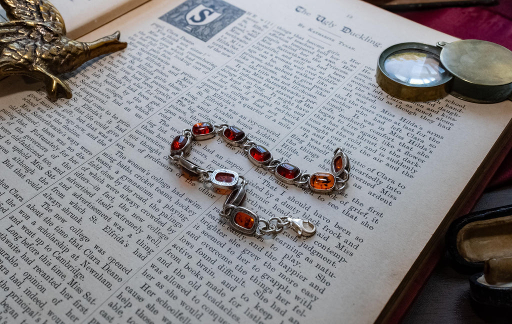 925 Sterling Silver Cognac Baltic Amber Cabochon Link Bracelet, Vintage