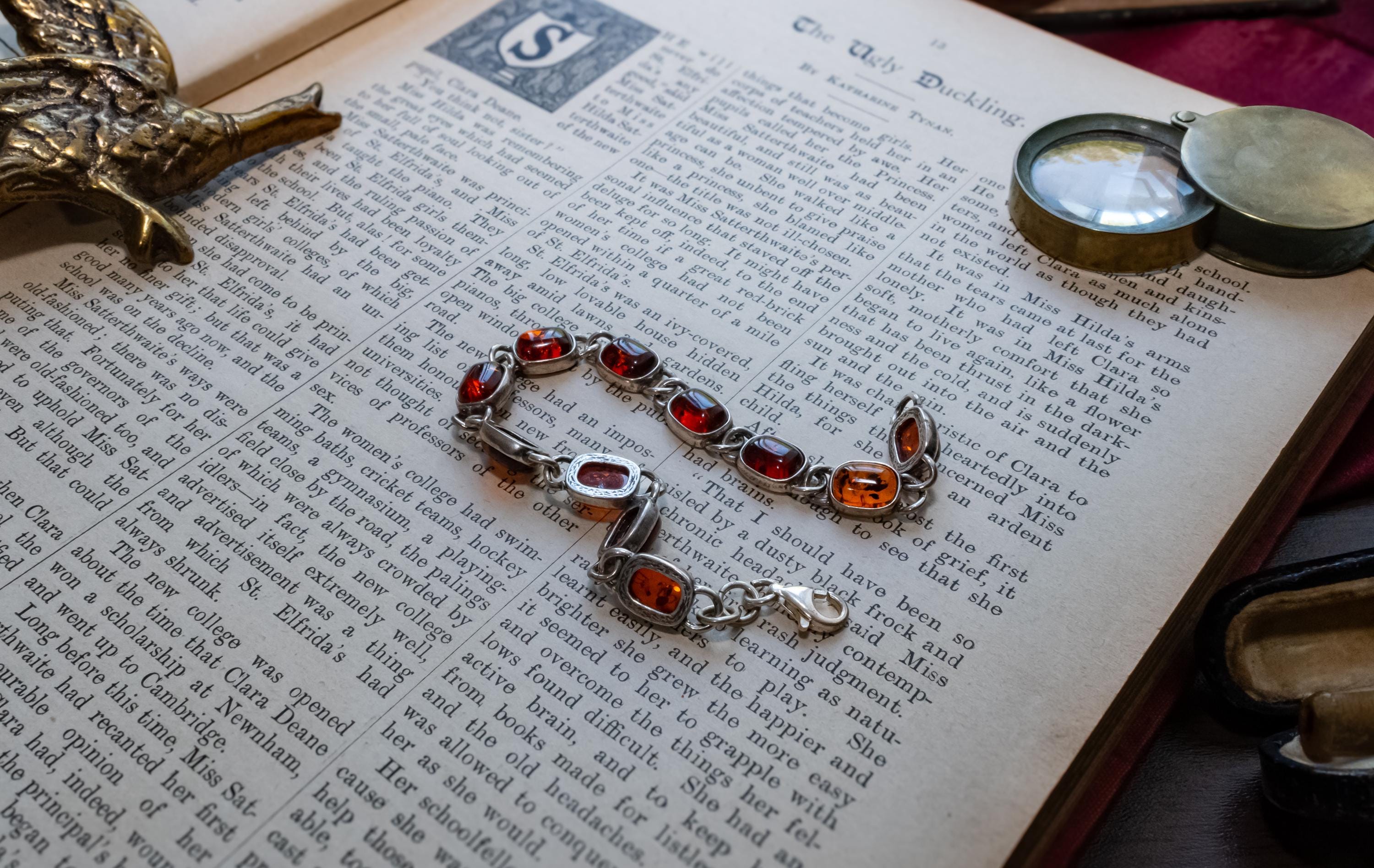 925 Sterling Silver Cognac Baltic Amber Cabochon Link Bracelet, Vintage