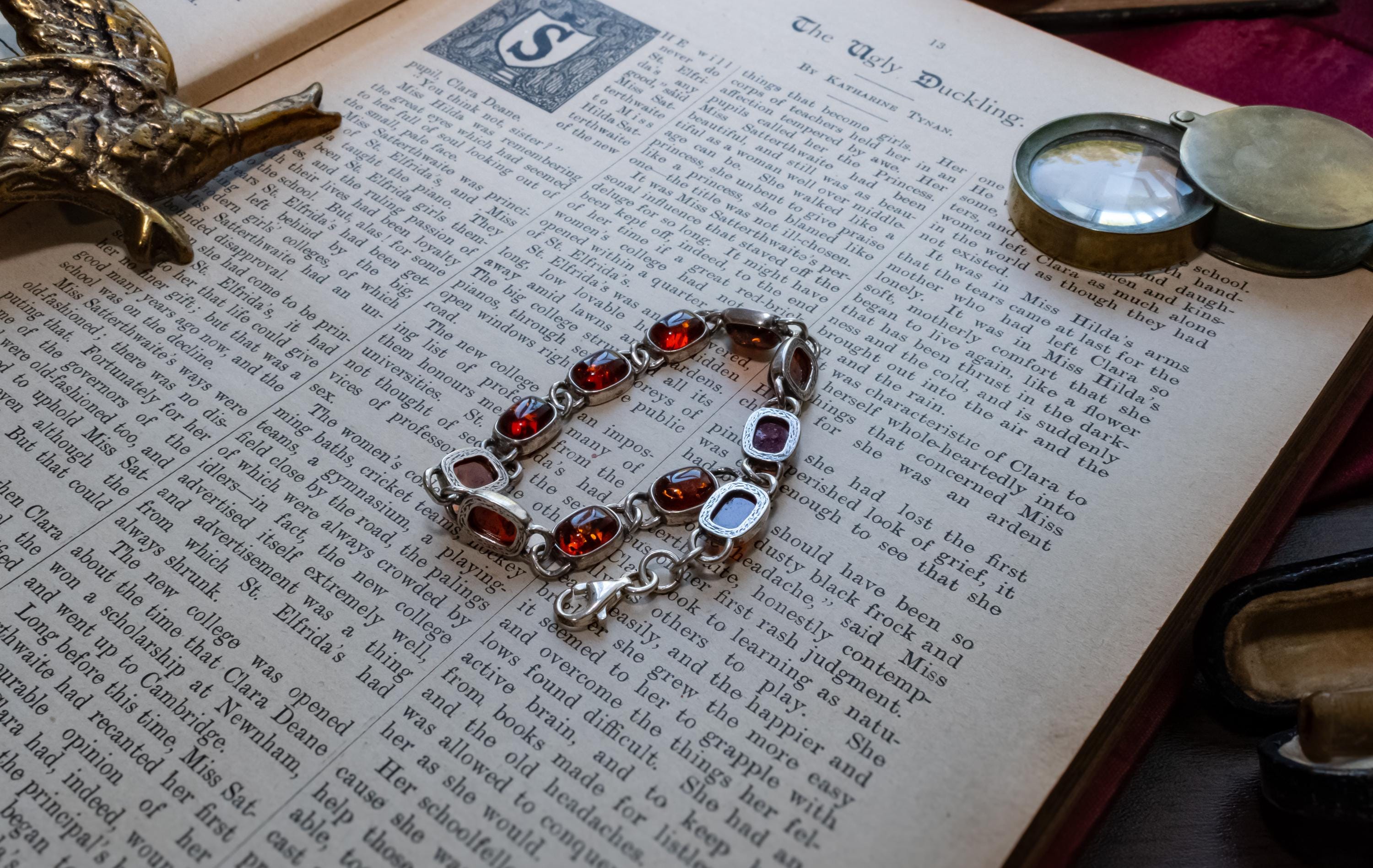 925 Sterling Silver Cognac Baltic Amber Cabochon Link Bracelet, Vintage