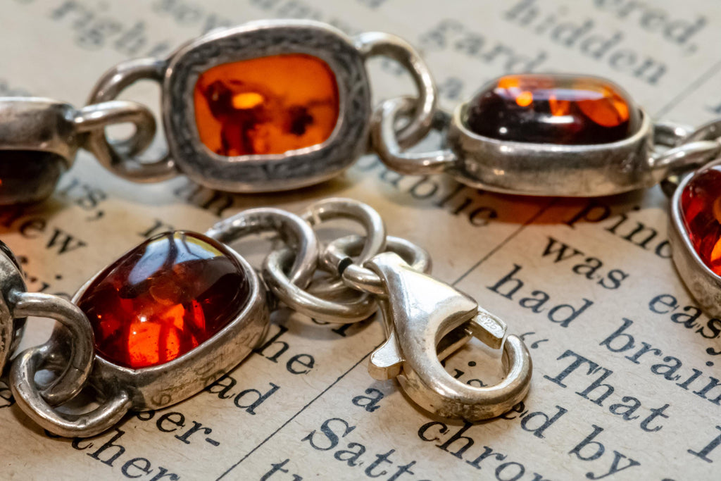 925 Sterling Silver Cognac Baltic Amber Cabochon Link Bracelet, Vintage