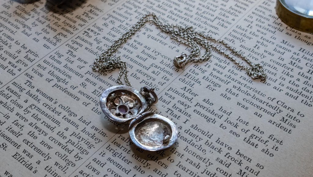 925 Sterling Silver Art Nouveau Marcasite & Amethyst Round Locket Necklace, Vintage