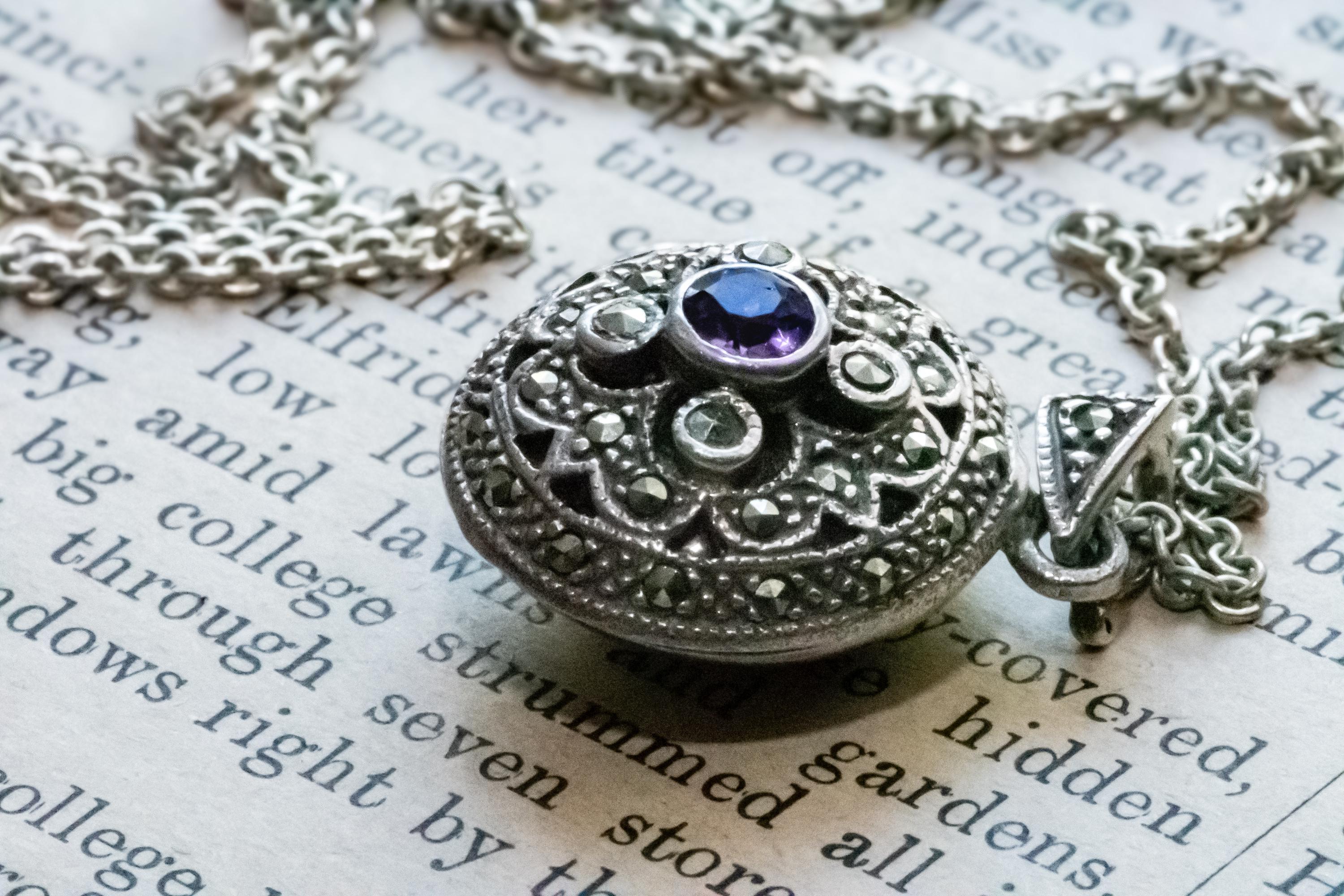 925 Sterling Silver Art Nouveau Marcasite & Amethyst Round Locket Necklace, Vintage
