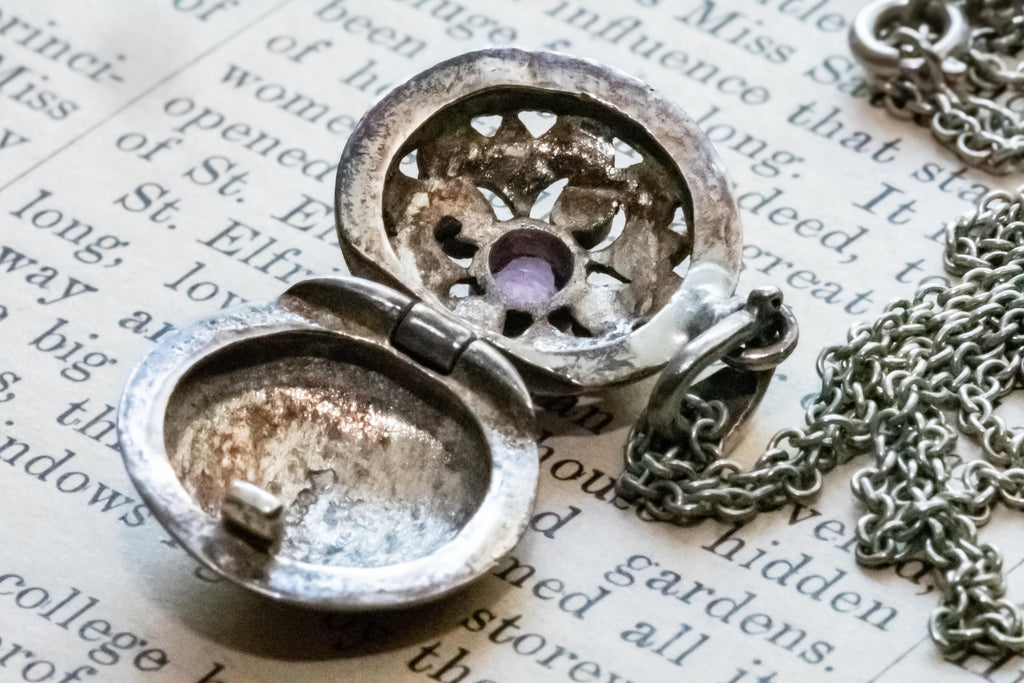 925 Sterling Silver Art Nouveau Marcasite & Amethyst Round Locket Necklace, Vintage