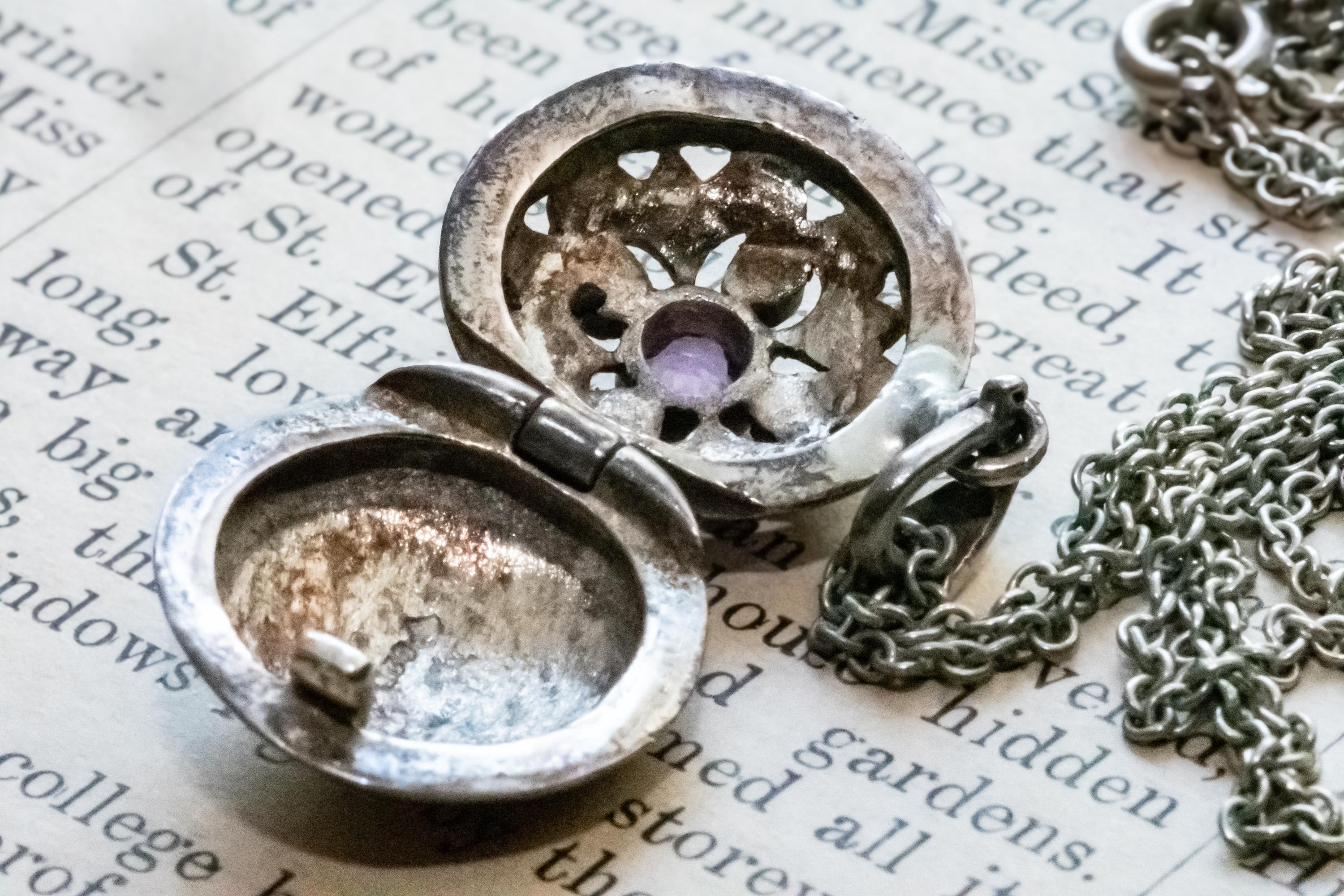 925 Sterling Silver Art Nouveau Marcasite & Amethyst Round Locket Necklace, Vintage