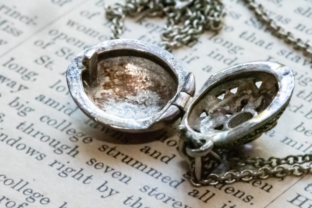 925 Sterling Silver Art Nouveau Marcasite & Amethyst Round Locket Necklace, Vintage