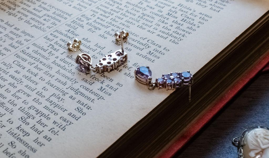 Vintage 925 Sterling Silver Amethyst Stud Earrings, Dark Academia Jewellery