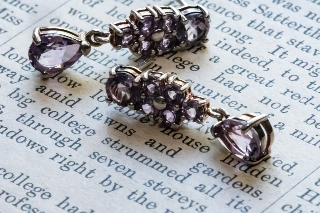 Vintage 925 Sterling Silver Amethyst Stud Earrings, Dark Academia Jewellery