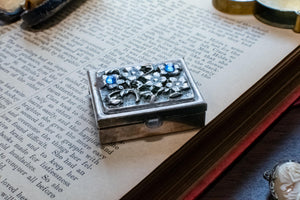 925 Sterling Silver Pierced Floral Lid Blue Rhinestone Trinket Box, Vintage