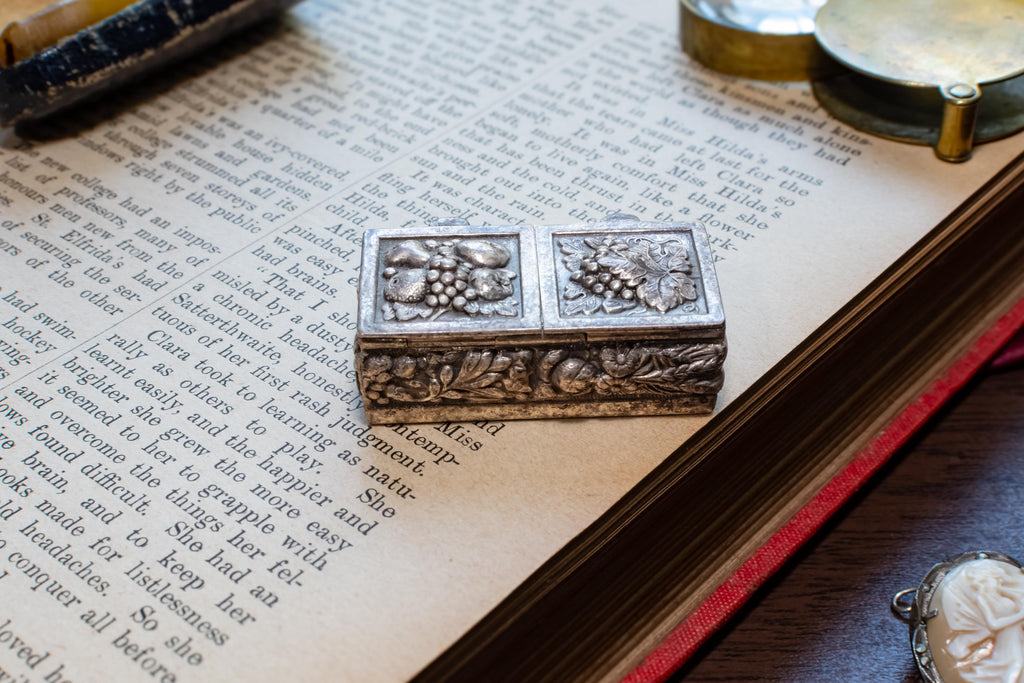 Antique Silver Double-Compartment Repousse Trinket Box, Fruit & Vine Panels, Botanical Sides, Excellent