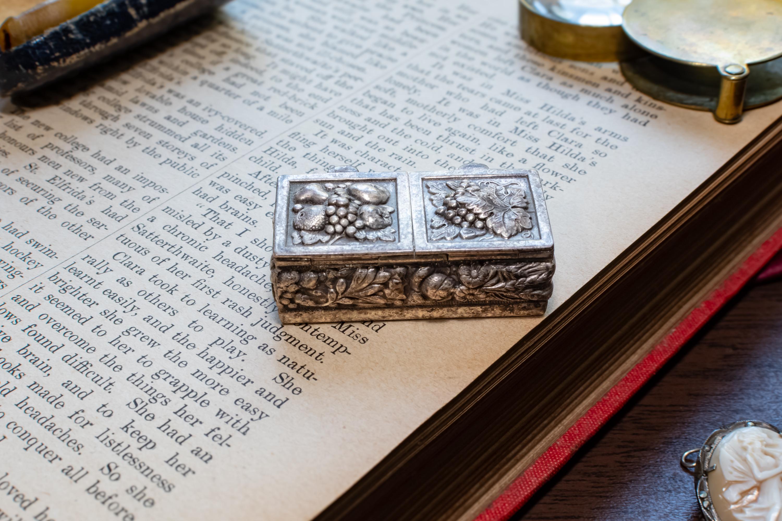 Antique Silver Double-Compartment Repousse Trinket Box, Fruit & Vine Panels, Botanical Sides, Excellent