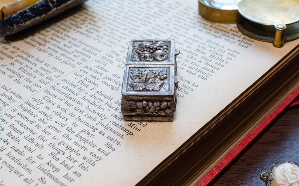 Antique Silver Double-Compartment Repousse Trinket Box, Fruit & Vine Panels, Botanical Sides, Excellent