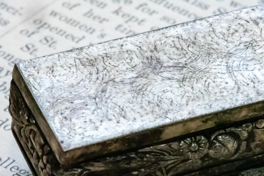 Antique Silver Double-Compartment Repousse Trinket Box, Fruit & Vine Panels, Botanical Sides, Excellent