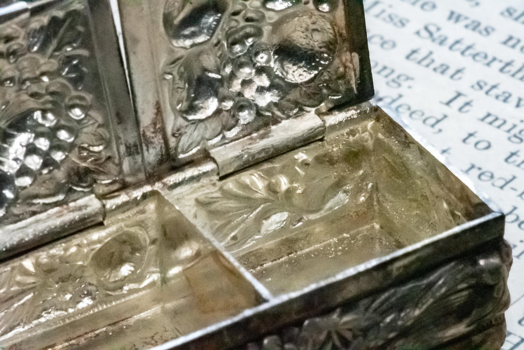 Antique Silver Double-Compartment Repousse Trinket Box, Fruit & Vine Panels, Botanical Sides, Excellent