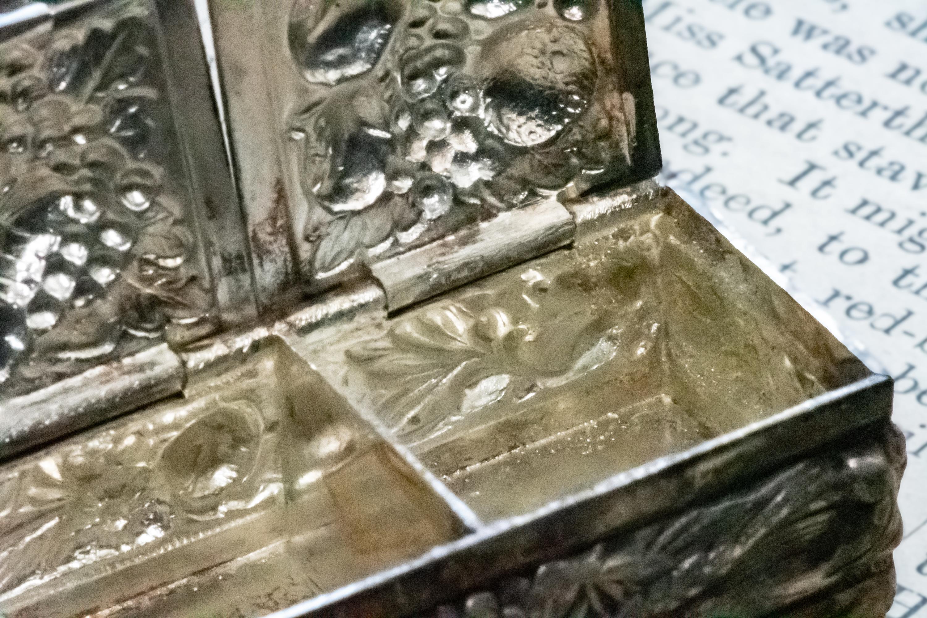 Antique Silver Double-Compartment Repousse Trinket Box, Fruit & Vine Panels, Botanical Sides, Excellent