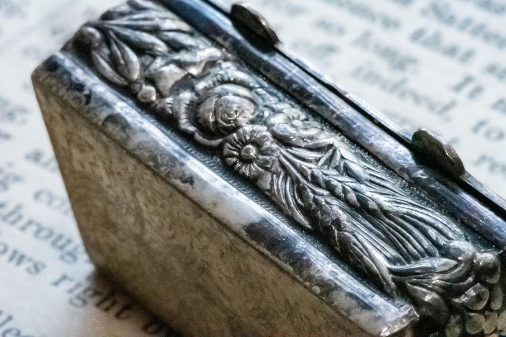 Antique Silver Double-Compartment Repousse Trinket Box, Fruit & Vine Panels, Botanical Sides, Excellent
