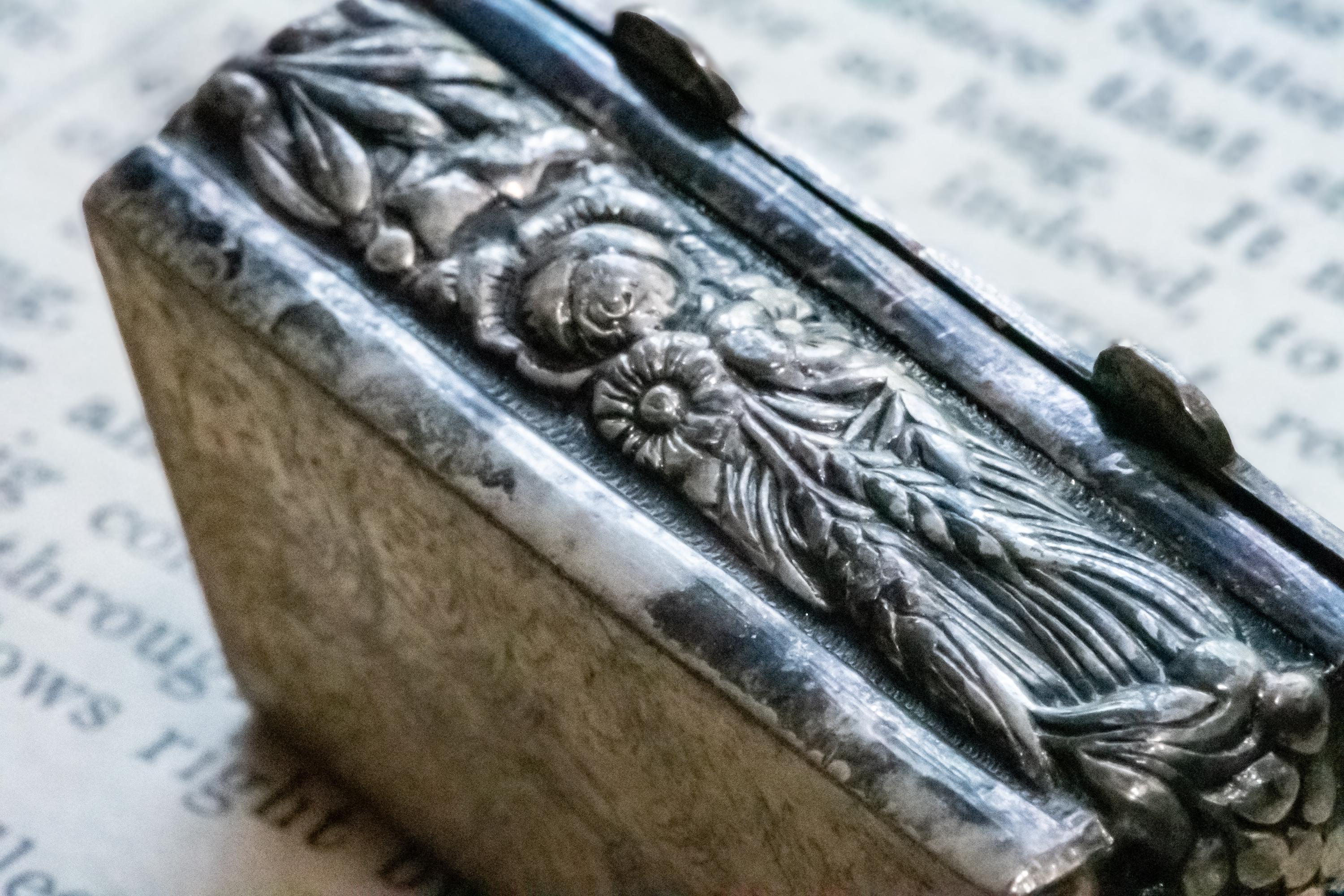Antique Silver Double-Compartment Repousse Trinket Box, Fruit & Vine Panels, Botanical Sides, Excellent