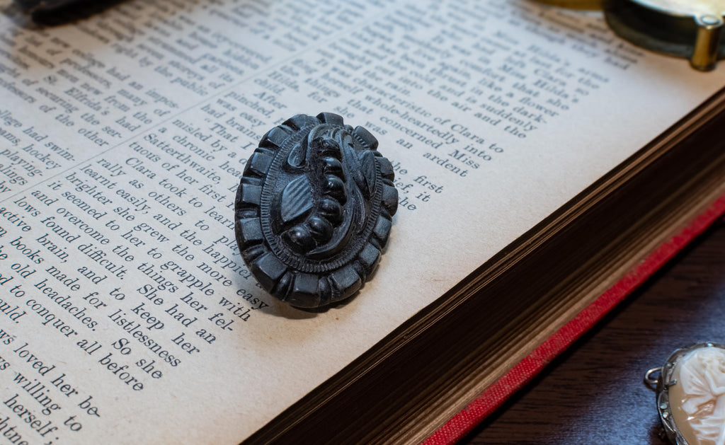 Antique Victorian Vulcanite Carved Lily of the Valley Brooch, c.1880, Mourning Jewellery, Excellent