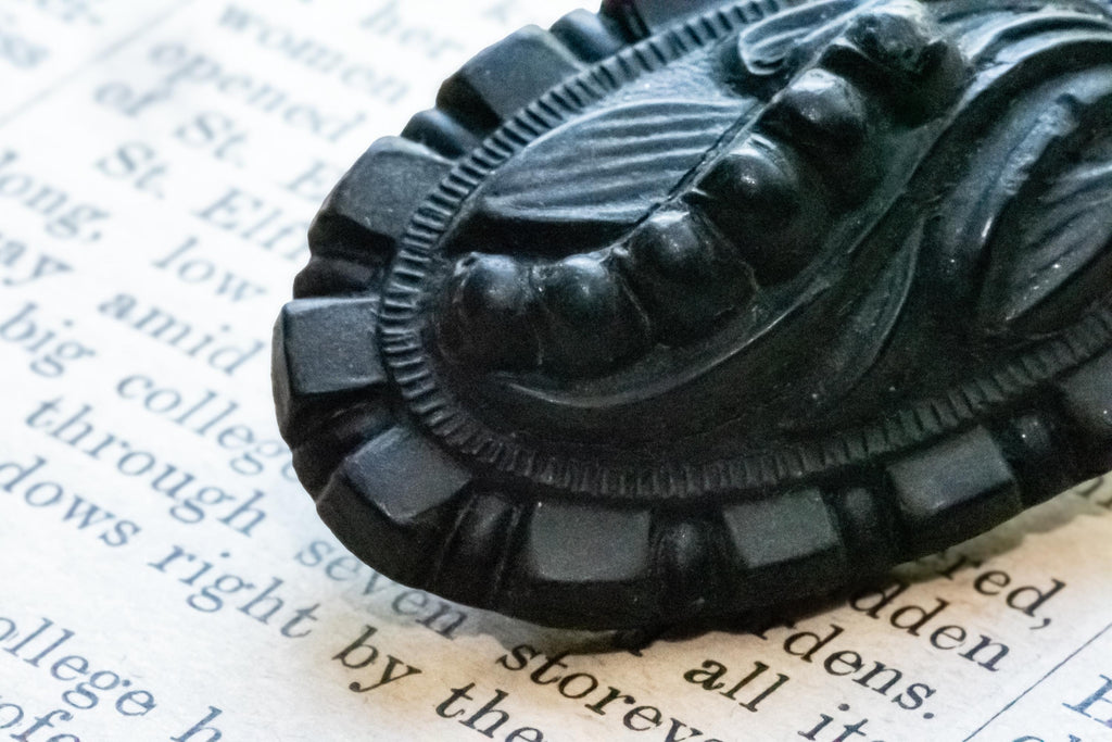 A close-up of a black carved brooch with a floral motif, resting on an open book with printed text visible in the background.