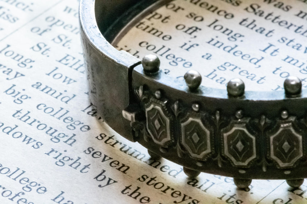 1883 Sterling Silver Etruscan Revival Geometric Wide Cuff Bracelet, Birmingham Hallmarked