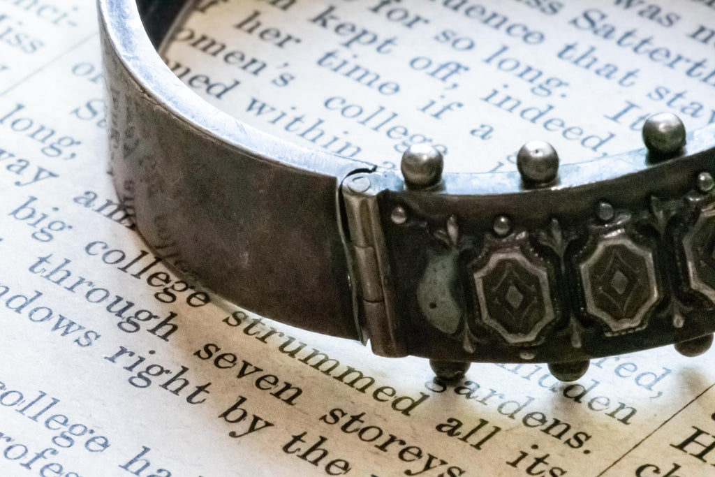 1883 Sterling Silver Etruscan Revival Geometric Wide Cuff Bracelet, Birmingham Hallmarked