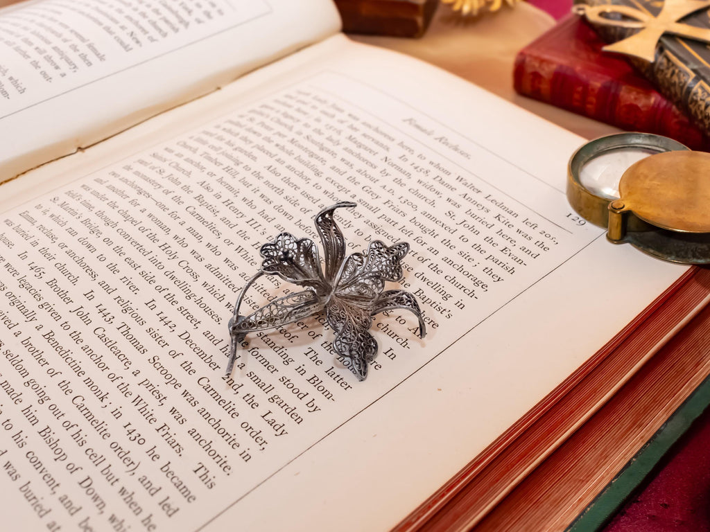 Antique Silver Filigree Flower Brooch | 833 Silver Insect Pin | Nocturnal Talisman | Shadow and Silver Dark Academia Jewelry