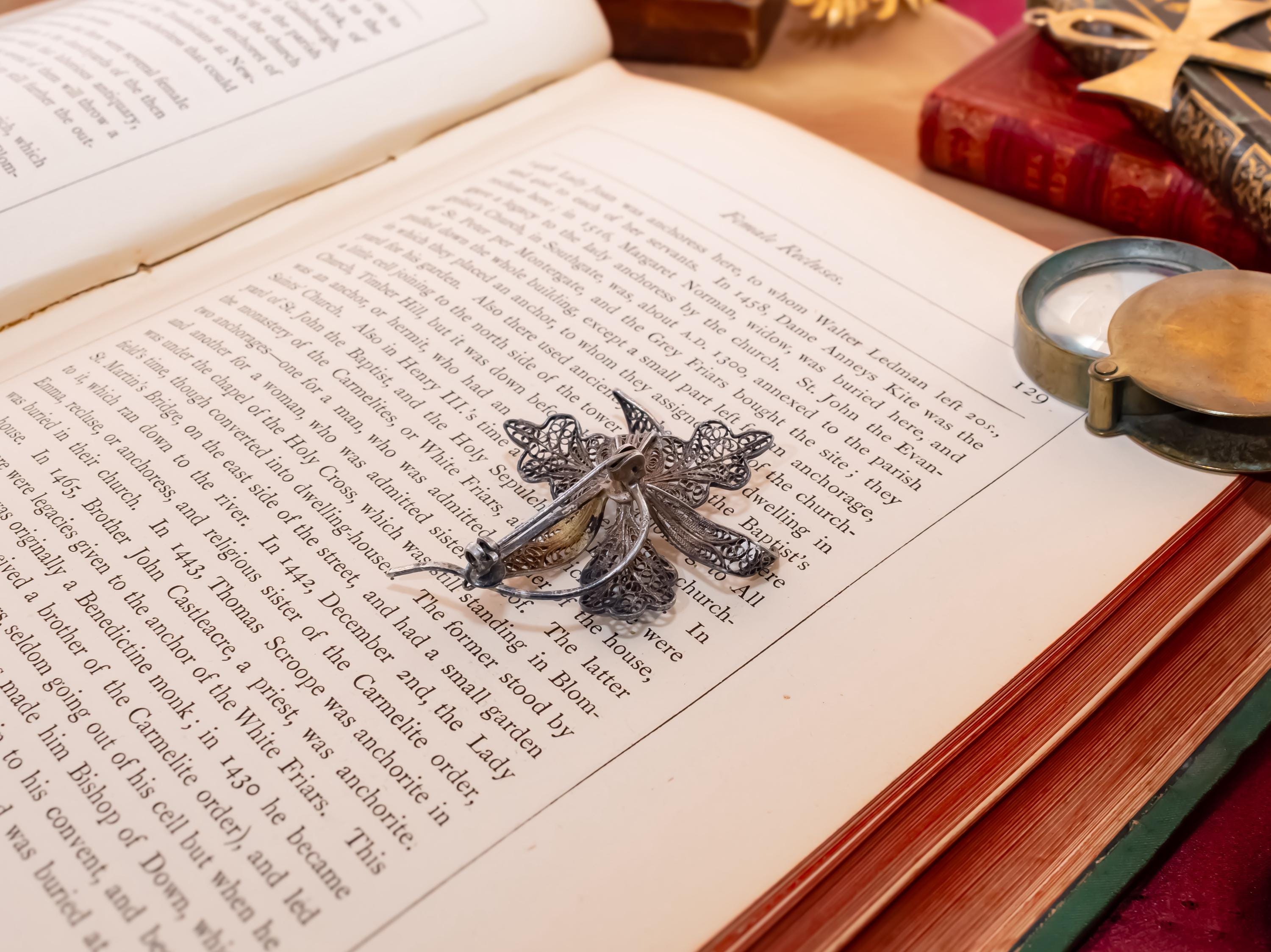 Antique Silver Filigree Flower Brooch | 833 Silver Insect Pin | Nocturnal Talisman | Shadow and Silver Dark Academia Jewelry