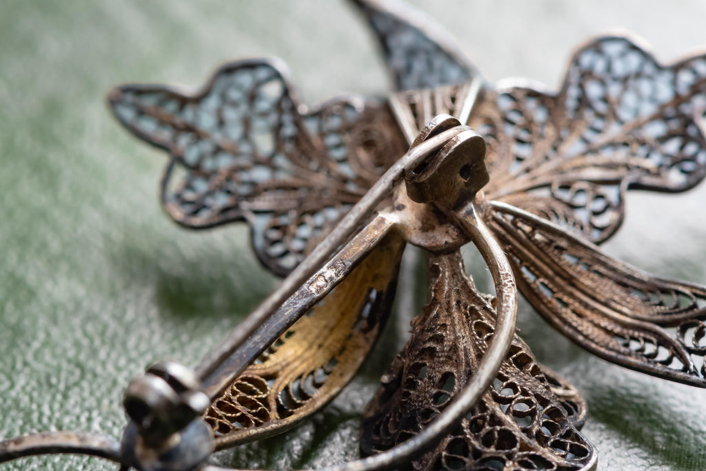 Antique Silver Filigree Flower Brooch | 833 Silver Insect Pin | Nocturnal Talisman | Shadow and Silver Dark Academia Jewelry