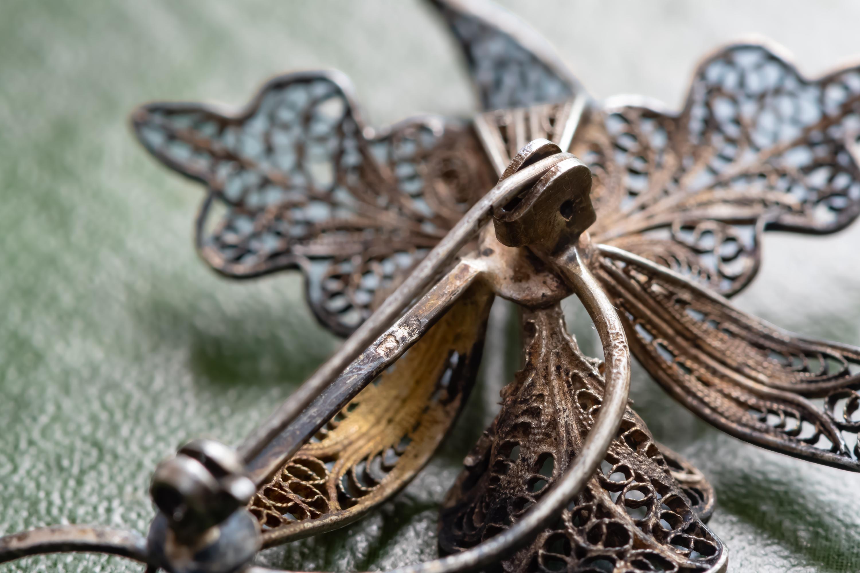 Antique Silver Filigree Flower Brooch | 833 Silver Insect Pin | Nocturnal Talisman | Shadow and Silver Dark Academia Jewelry