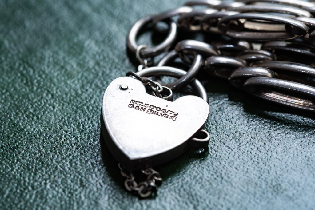 Heavy Vintage Sterling Silver Gate Link Bracelet | Heart Padlock Clasp | Goth Talisman