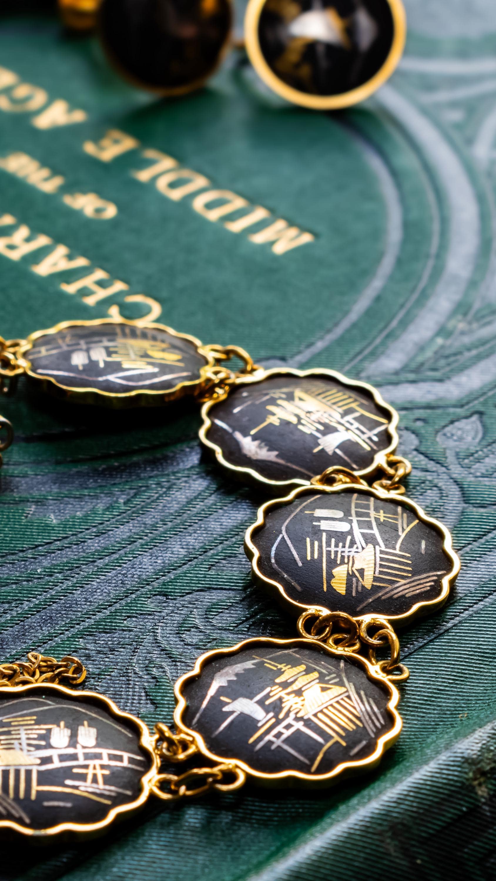 Vintage Amita Japanese Damascene Jewelry Set | 24K Gold Inlay | Dark Academia
