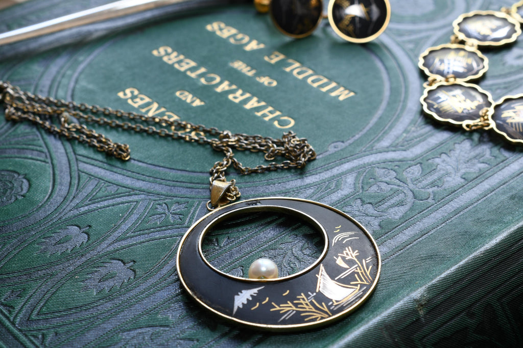 Vintage Amita Japanese Damascene Jewelry Set | 24K Gold Inlay | Dark Academia