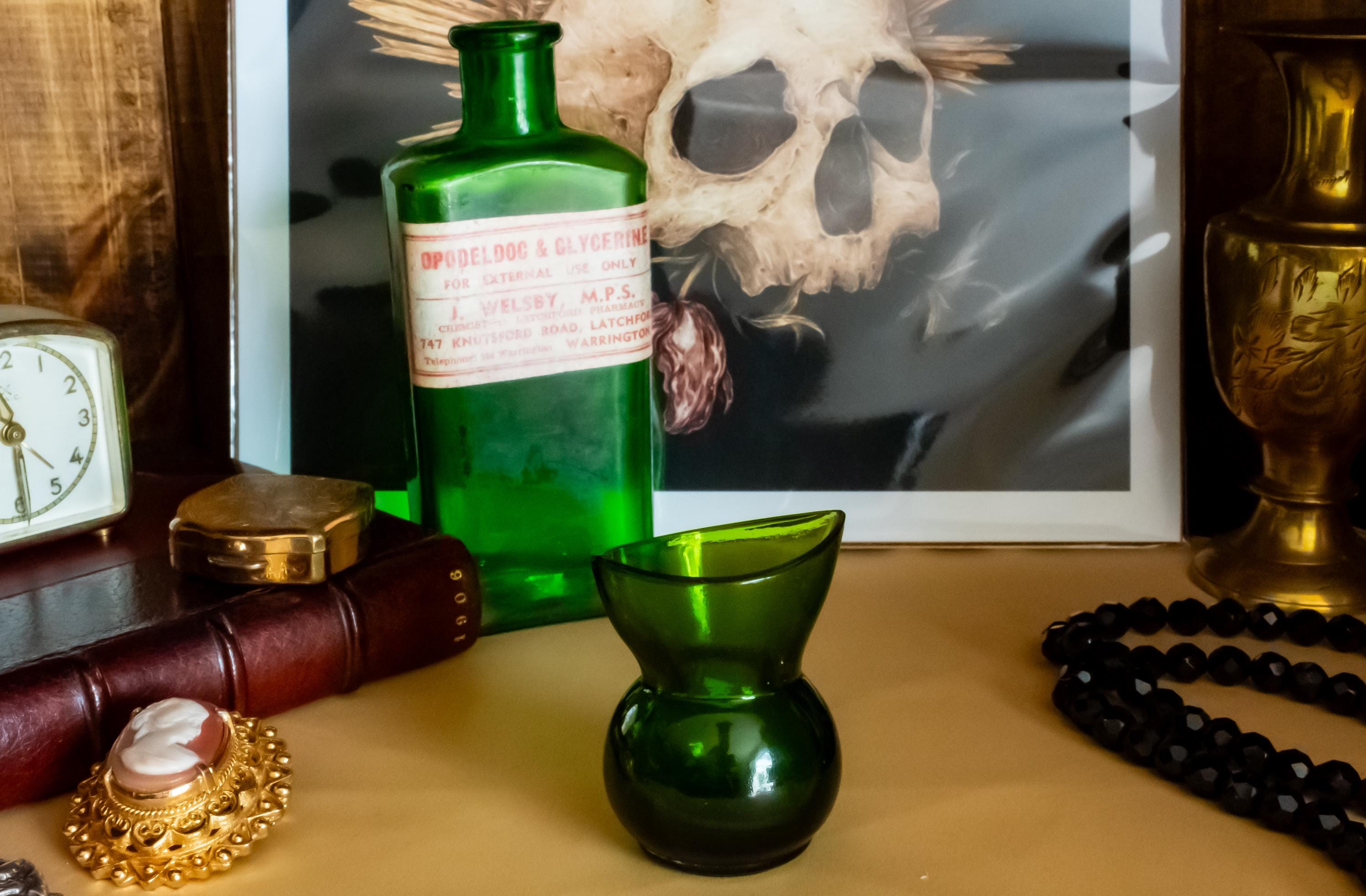 Set of 2 Antique Green Apothecary Poison Bottles | Witchy Decor