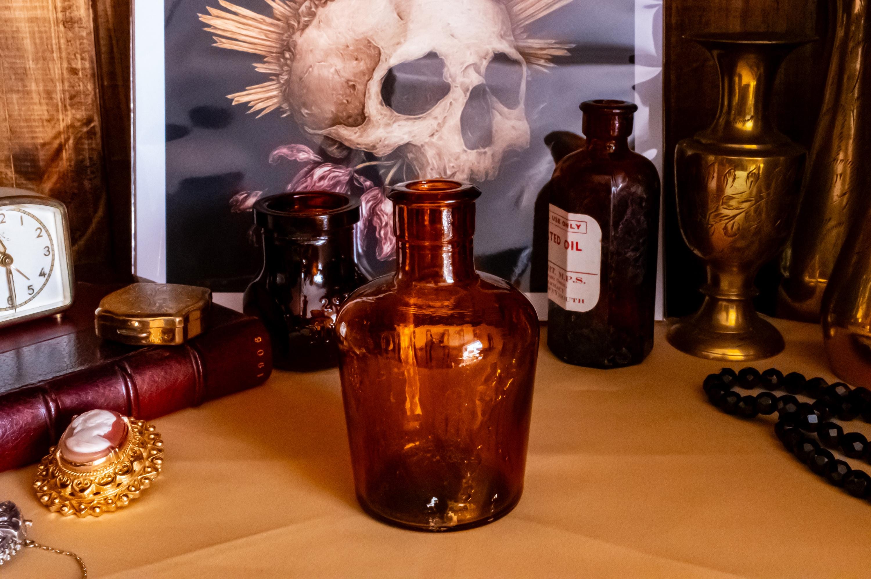 Set of 3 Antique Amber Glass Apothecary Bottles | Witchy Altar Decor
