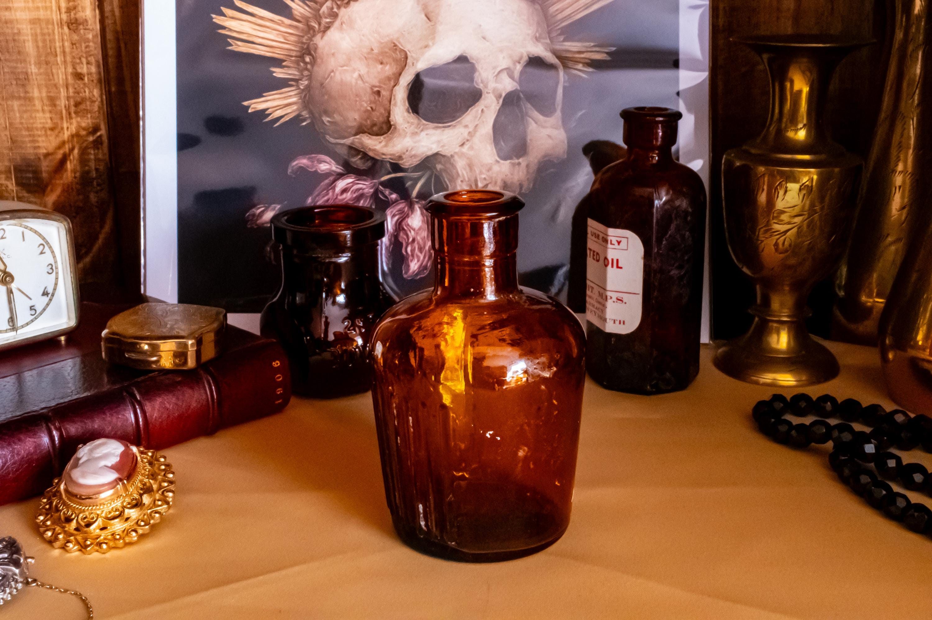 Set of 3 Antique Amber Glass Apothecary Bottles | Witchy Altar Decor