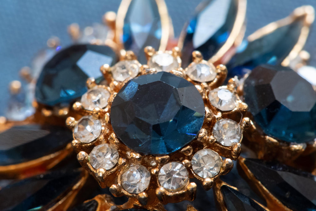 Vintage Blue Crystal Floral Brooch, Whimsigoth Pin, Witchy Accessory