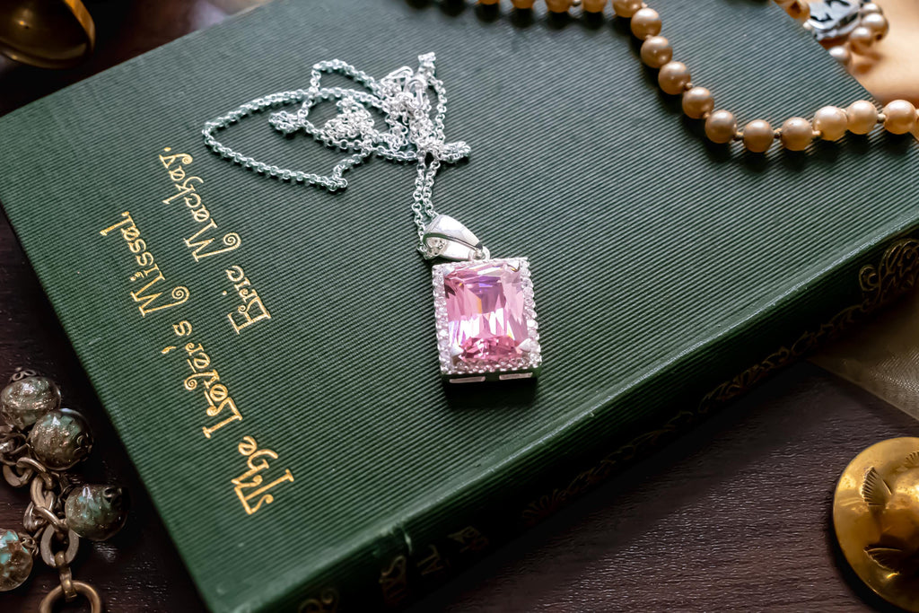 Vintage 925 Sterling Silver Pink Topaz Emerald Cut Necklace | Romantic Goth Talisman