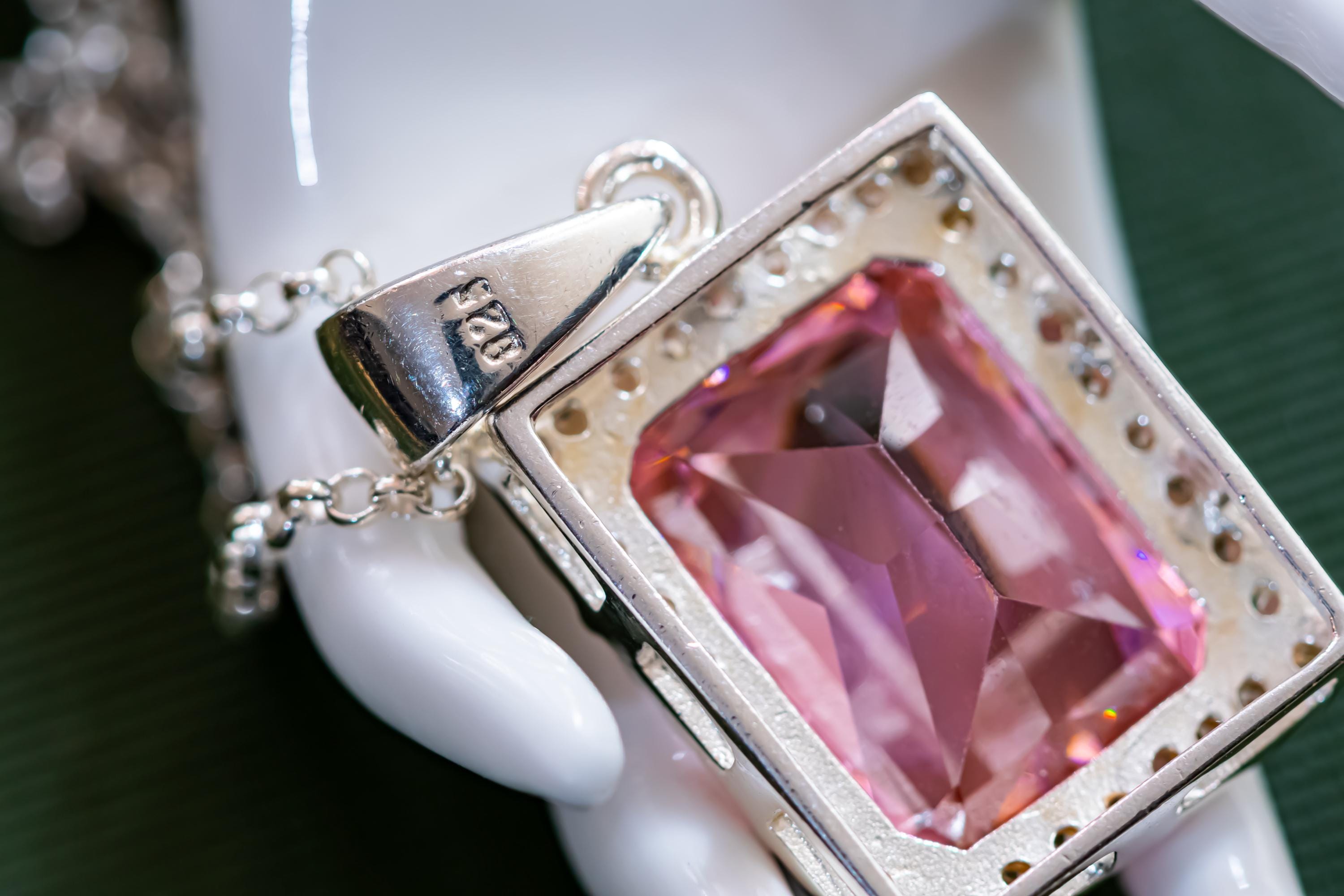 Vintage 925 Sterling Silver Pink Topaz Emerald Cut Necklace | Romantic Goth Talisman